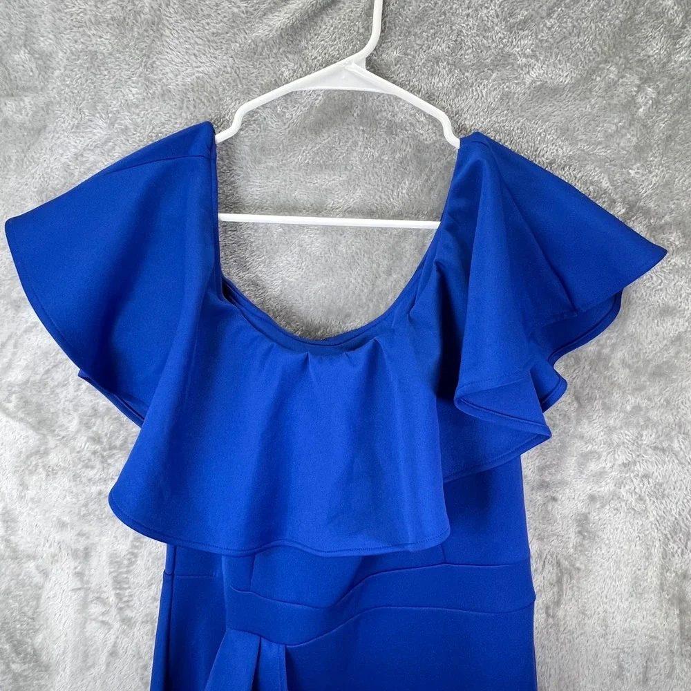 Royal Blue Ruffle Off Shoulder Asymmetrical Midi‎ Dress M Bodycon Mermaid Formal - Picture 3 of 9